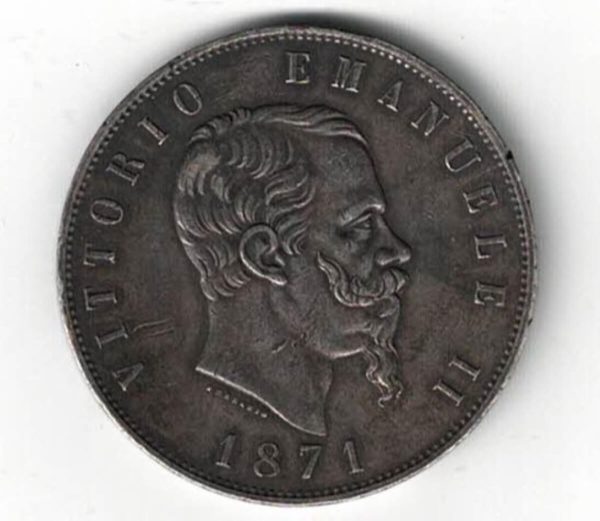 1871 Italy Silver Five Lire Coin. The obverse of this coin features the head of Victor Emmanuel II facing right. All coins are in stock.