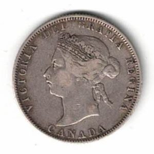 1872H Canada Silver 25 Cent Coin. The obverse features Queen Victoria. The reverse features the face value is surrounded with two maple boughs and a crown