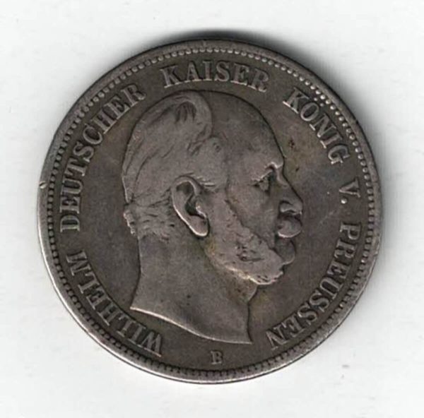 1875 B Germany Silver Five Mark Coin featuring the bust of King Wilhelm I facing left. The reverse features an eagle with the denomination below.