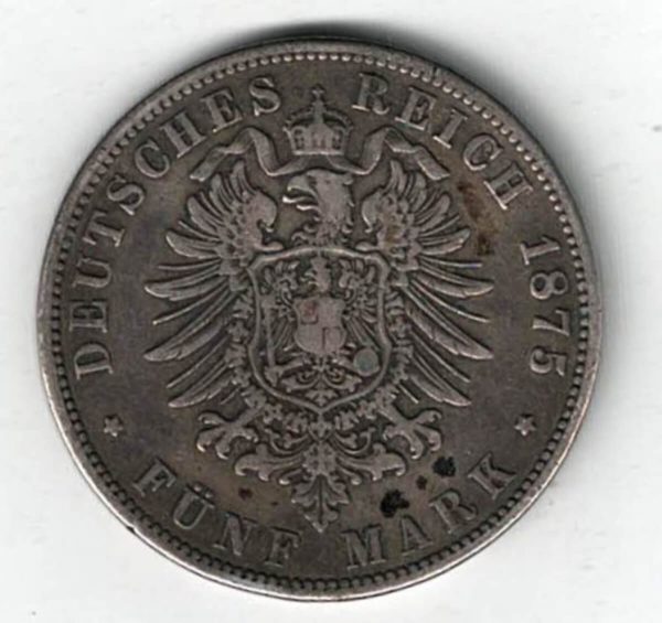 1875 B Germany Silver Five Mark Coin - Image 2