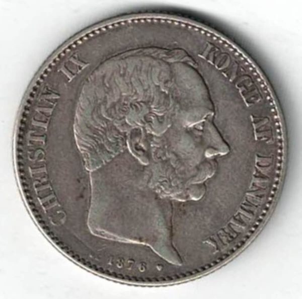 1876 Denmark Silver Two Korner coin featuring Christian IX on the Obverse. The reverse features the Danish Coat Of Arms. All coins are instock.