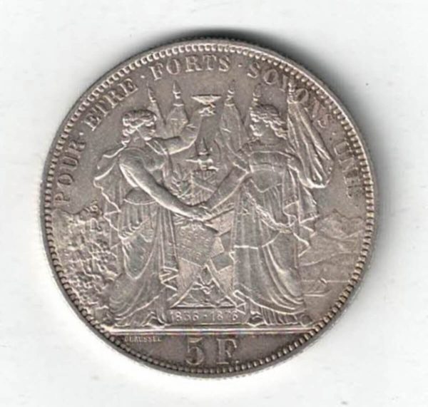 1876 Switzerland Silver Five Francs Coin. The obverse features female figures standing shaking hands. The reverse features a city view with bridge.