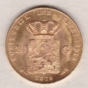 1879 Netherlands Gold Ten Gulden coin. The obverse features the portrait of King Willem III. The reverse features the crowned lion.