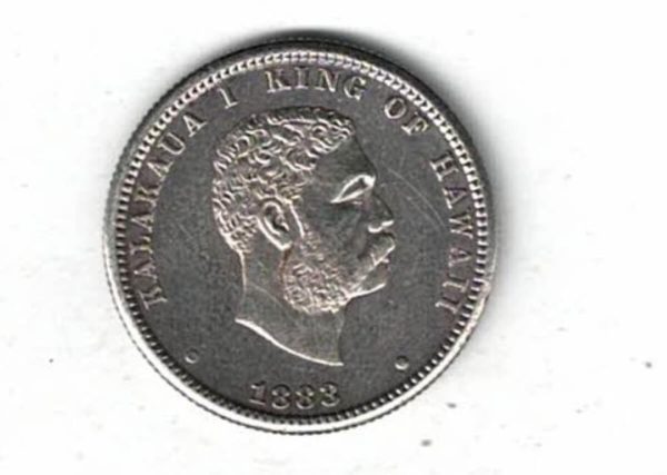 1883 Hawaii Silver Quarter Dollar Coin. The obverse features the bust of King Kalākaua I facing right, date below. The reverse features the crowned arms.