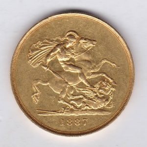 1887 gold five pounds struck in 22 carat gold. The obverse features the Queen Victoria Jubilee head. The reverse depicts St George and the dragon.