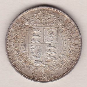 1888 Silver Halfcrown coin featuring the Jubilee head of Queen Victoria on the Obverse. The shield of royal arms completes the Reverse design.