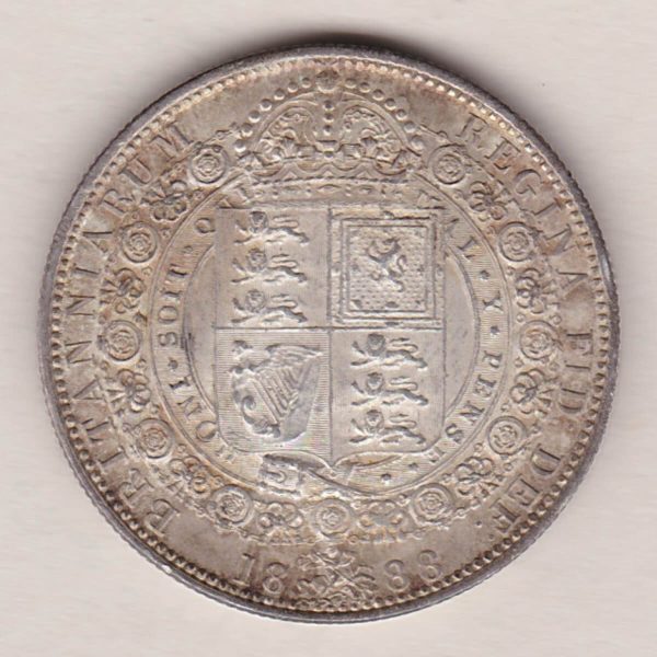 1888 Silver Halfcrown coin featuring the Jubilee head of Queen Victoria on the Obverse. The shield of royal arms completes the Reverse design.