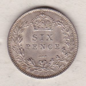 1888 Silver Sixpence coin featuring Queen Victoria on the Obverse. The Reverse features a crowned denomination within wreath.