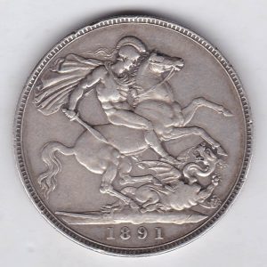 1891 Silver Crown Coin featuring Queen Victoria Jubilee head on the Obverse and the St George & dragon design on the reverse.