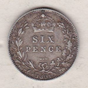 1891 Silver Sixpence coin featuring Queen Victoria on the Obverse. The Reverse features a crowned denomination within wreath.