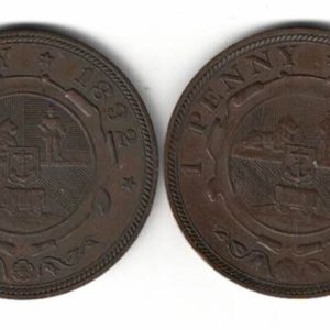 1892 & 1898 South Africa Bronze One Penny Coins. The obverse features the Bearded bust of President Johannes Paulus Kruger left.