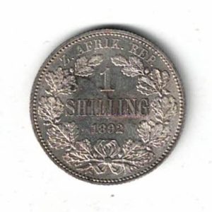 1892 South Africa Silver Shilling Coin. The obverse features the bust of president Johannes Paulus Kruger facing left. All coins are in stock.