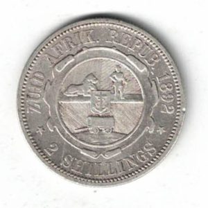 1892 South Africa Silver Two Shillings Coin. The obverse features the bust of president Johannes Paulus Kruger facing left.