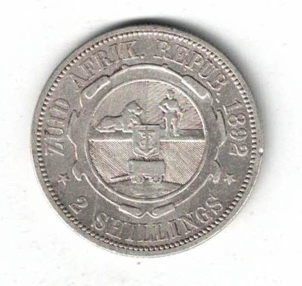 1892 South Africa Silver Two Shillings Coin. The obverse features the bust of president Johannes Paulus Kruger facing left.
