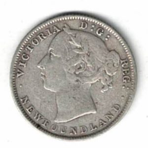1894 Newfoundland Canada Silver 50 Cent Coin. The obverse features Queen Victoria. The reverse features the value and date within a wreath.