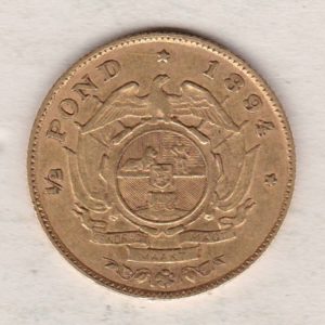 1894 South Africa Gold Half Pond coin featuring Paul Kruger on the Obverse. The Arms of the South African Republic on the reverse.