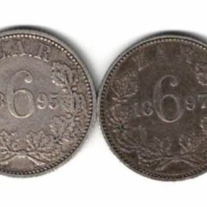 1895 & 1897 South Africa Silver Sixpence Coins. Bearded bust of President Johannes Paulus Kruger left. All coins are in stock.
