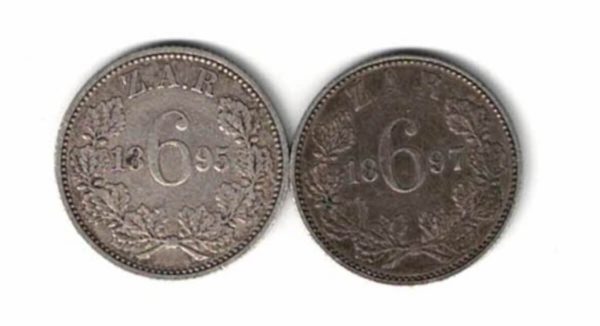 1895 & 1897 South Africa Silver Sixpence Coins. Bearded bust of President Johannes Paulus Kruger left. All coins are in stock.