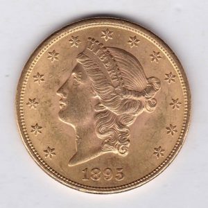 1895 USA Twenty Dollars coin featuring the Lady Liberty on the Obverse. The eagle with a shield on its chest completes the Reverse.