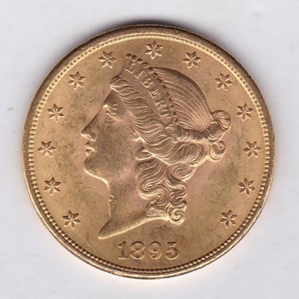 1895 USA Twenty Dollars coin featuring the Lady Liberty on the Obverse. The eagle with a shield on its chest completes the Reverse.