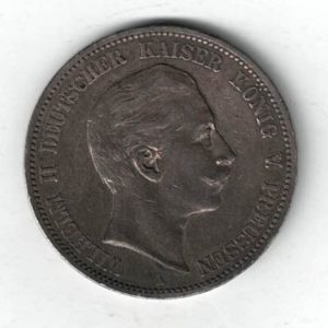 1898 A Germany Silver Five Mark Coin featuring the bust of Wilhelm II on the obverse. The crowned imperial eagle on the reverse.