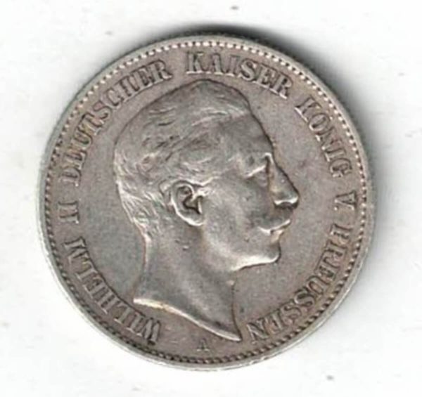 1898 A Germany Silver Two Mark Coin featuring the bust of Wilhelm II on the obverse. The crowned imperial eagle on the reverse.