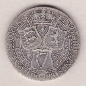 1898 Silver Florin coin. The portrait of Queen Victoria on the Obverse. With a crown above shields of England, Scotland and Ireland on the reverse.