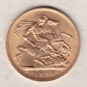 1898 Gold Half Sovereign Coin featuring Queen Victoria Old Head on the Obverse and George & the Dragon on the Reverse in a plastic coin envelope.