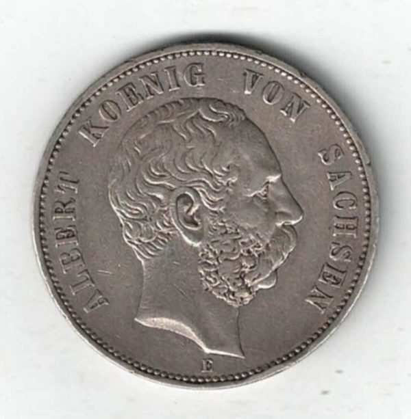 1899 E Germany Silver Five Mark Coin featuring the Albert king of Saxony facing right. The reverse features a crowned imperial eagle with legend around