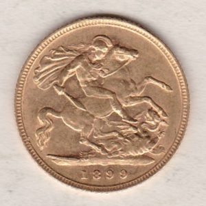 1899 Gold Half Sovereign Coin featuring Queen Victoria Old Head on the Obverse and George & the Dragon on the Reverse in a plastic coin envelope.
