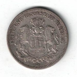 1899 J Germany Silver Two Mark Coin features Coat of arms of the Free and Hanseatic City of Hamburg. The reverse an imperial Germany eagle.