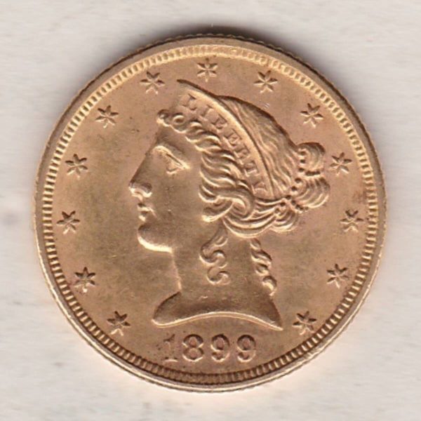 1899 USA Five Dollars gold coin struck in Philadelphia, the Coronet head design on the Obverse. The eagle on the Reverse.
