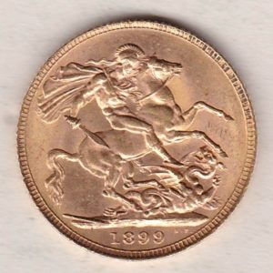 1899 Gold Sovereign Coin featuring Queen Victoria Old Head on the Obverse and St George & the Dragon on the Reverse. London Mint.