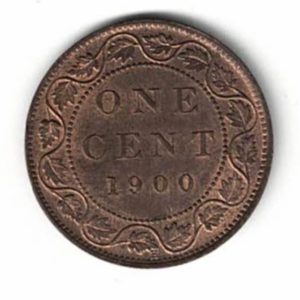 1900 H Canada One Cent Coin. The obverse features Queen Victoria. The reverse features the face value is encircled with maple leaves wrapped around a vine