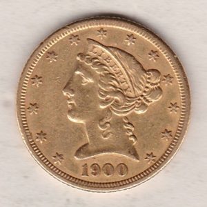 1900 S USA Five Dollars coin featuring S San Francisco mint mark, the Coronet head design on the Obverse. The eagle on the Reverse.