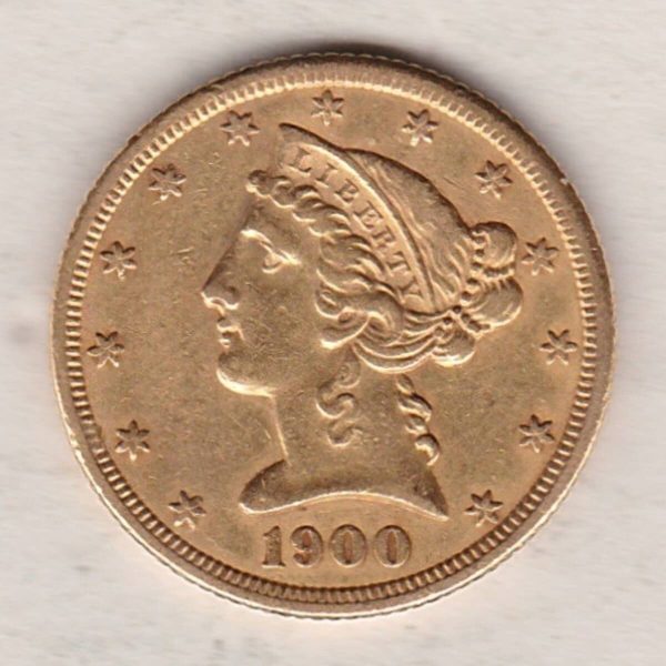 1900 S USA Five Dollars coin featuring S San Francisco mint mark, the Coronet head design on the Obverse. The eagle on the Reverse.