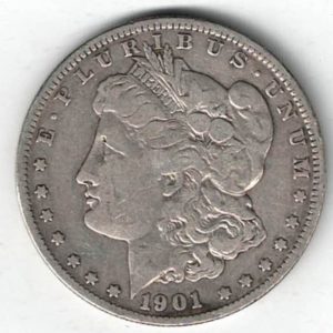 1901 O Silver USA Morgan Dollar coin featuring lady liberty on the obverse. The eagle holding arrows and an olive branch on the reverse.