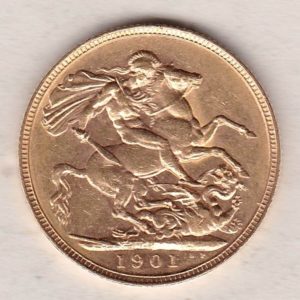 1901 P Gold Sovereign Coin featuring Queen Victoria Old Head on the Obverse and St George & the Dragon on the Reverse. Perth, Australia Mint.