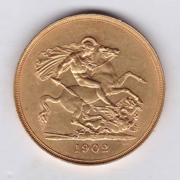 1902 gold five pounds struck in 22 carat gold. The obverse features the portrait of King Edward VII. The reverse depicts St George and the dragon.