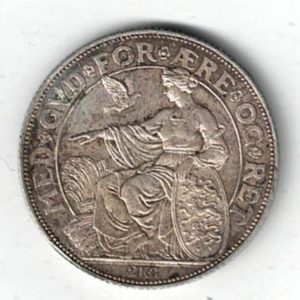 1903 Denmark Silver Two Kroner featuring Armoured bust right, with titles and anniversary dates. The Reverse features a seated lady holding a shield. 