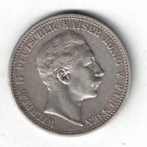 1904 A Germany Silver Two Mark Coin featuring the bust of Wilhelm II on the obverse. The crowned imperial eagle on the reverse.