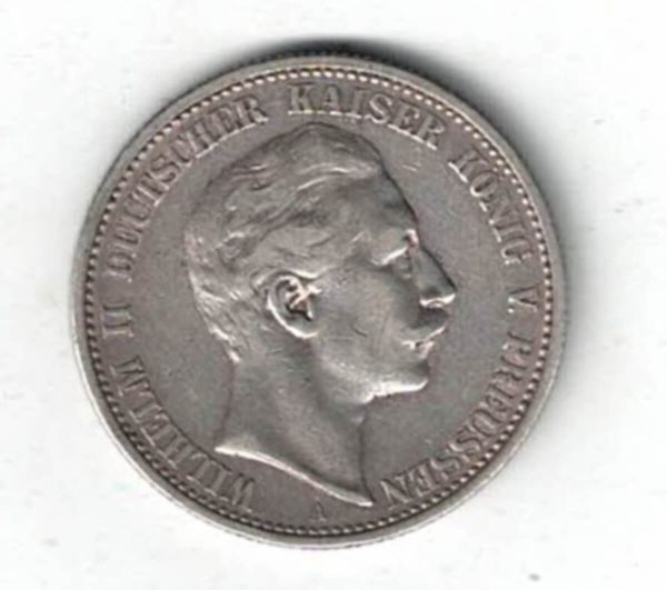 1904 A Germany Silver Two Mark Coin featuring the bust of Wilhelm II on the obverse. The crowned imperial eagle on the reverse.