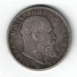 1904 F Germany Silver Two Mark Coin the obverse features Willhelm II facing left. The reverse features  crowned imperial eagle