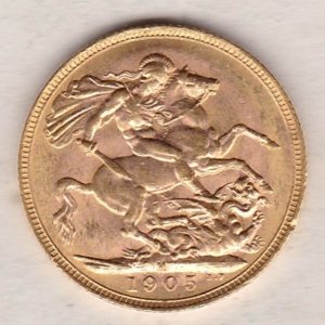 1905 M Gold Sovereign Coin. The coin features King Edward VII on the Obverse. St George and the dragon on the reverse. The M Melbourne, Australia Mintmark.