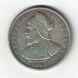 1905 Panama Silver Fifty Centesimos Coin. The obverse features an armoured bust facing left. The reverse features the national coat of arms.