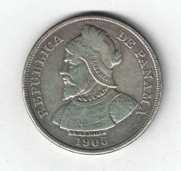 1905 Panama Silver Fifty Centesimos Coin. The obverse features an armoured bust facing left. The reverse features the national coat of arms.
