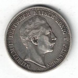 1906 A Germany Silver Two Mark Coin featuring the bust of Wilhelm II on the obverse. The crowned imperial eagle on the reverse.