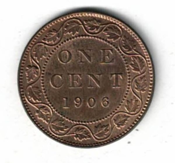 1906 Canada One Cent Coin. The obverse features Edward VII . The reverse features the face value encircled with maple leaves wrapped around a vine