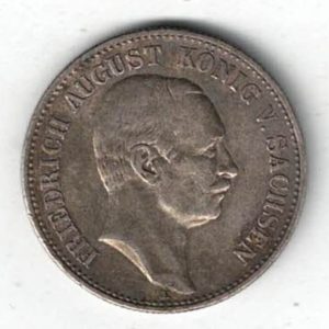 1906 E Germany Silver Two Mark Coin features the bust of Fredrich August III. The reverse features a crowned imperial eagle with shield on breast