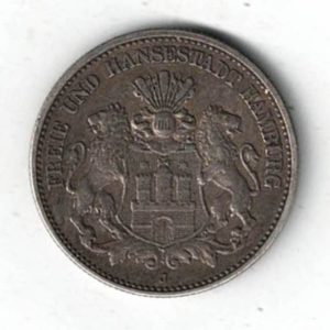 1906 J Germany Silver Two Mark Coin features Coat of arms of the Free and Hanseatic City of Hamburg. The reverse an imperial Germany eagle.